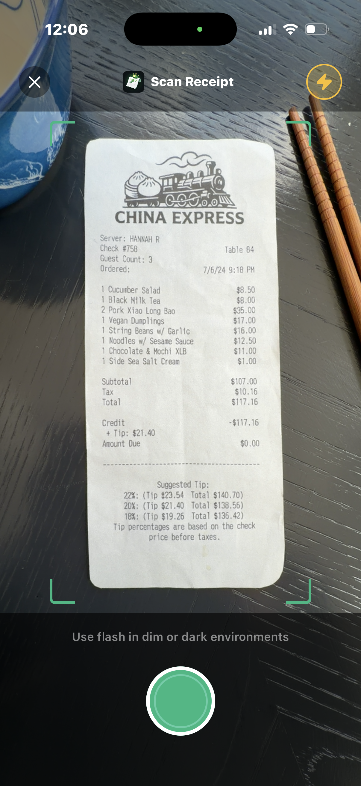 BillBoss: scanning a receipt with the camera