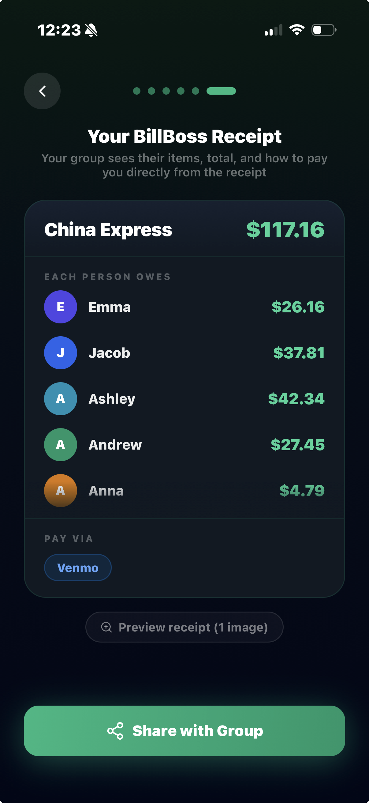 BillBoss app: China Express bill split fairly. Emma $26.16, Jacob $37.81, Ashley $42.34